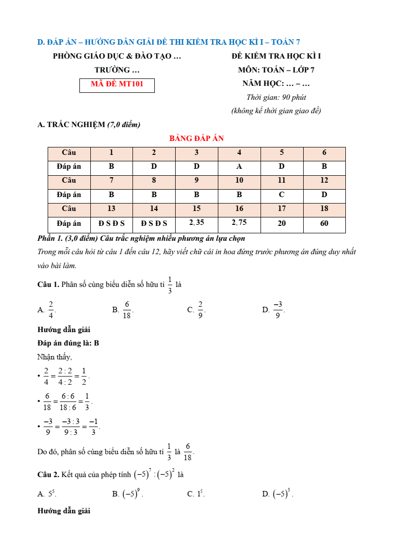 26 Đề thi Cuối kì 1 Toán 7 Chân trời sáng tạo năm 2025 (có đáp án)
