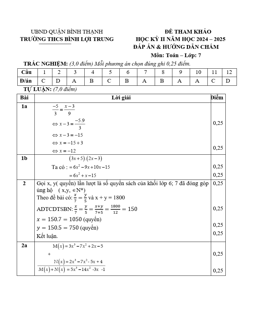Đề thi Học kì 2 Toán 7 phòng GD&ĐT Bình Thạnh (Tp.HCM) năm 2024-2025