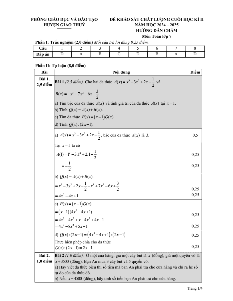 Đề thi Học kì 2 Toán 7 phòng GD&ĐT Giao Thủy (Nam Định) năm 2024-2025