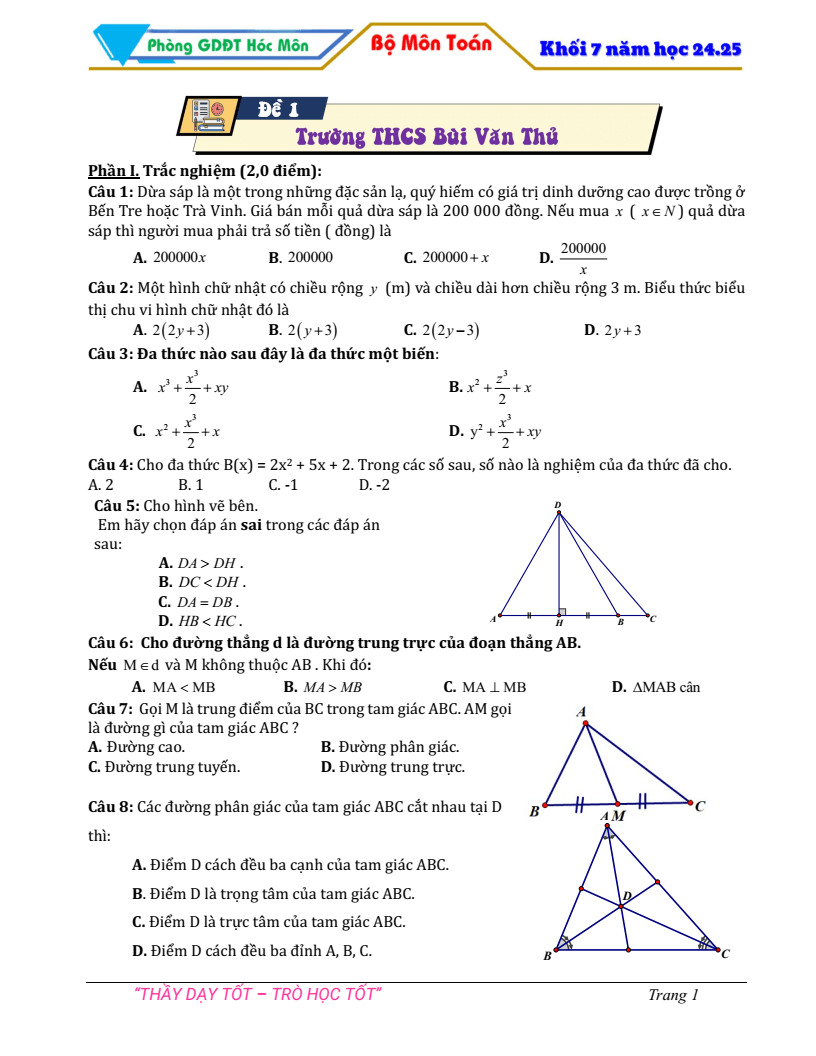 Đề thi Học kì 2 Toán 7 phòng GD&ĐT Hóc Môn (Tp.HCM) năm 2024-2025