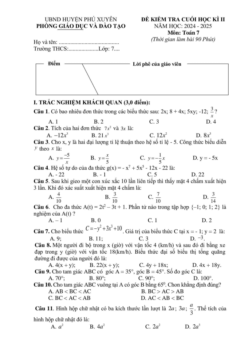 Đề thi Học kì 2 Toán 7 phòng GD&ĐT Phú Xuyên (Hà Nội) năm 2024-2025