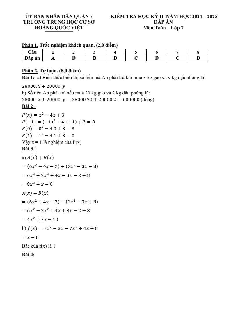 Đề thi Học kì 2 Toán 7 phòng GD&ĐT Quận 7 (Tp.HCM) năm 2024-2025