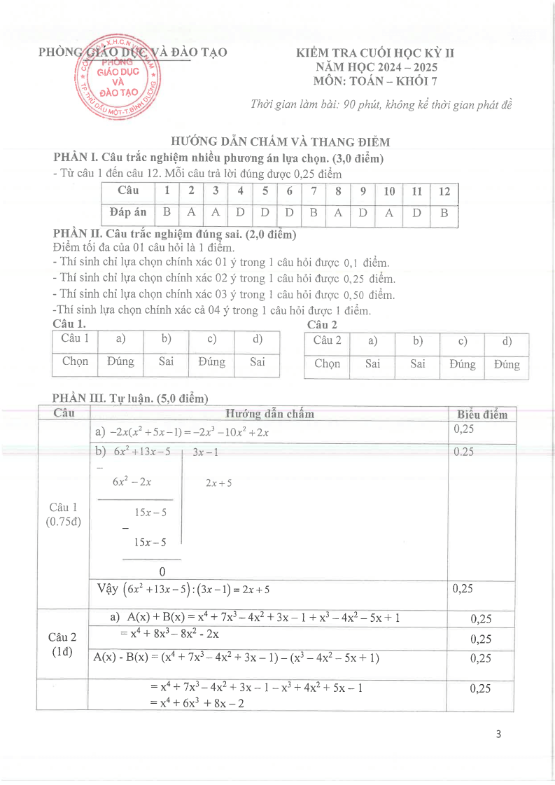 Đề thi Học kì 2 Toán 7 phòng GD&ĐT Thủ Dầu Một (Bình Dương) năm 2024-2025