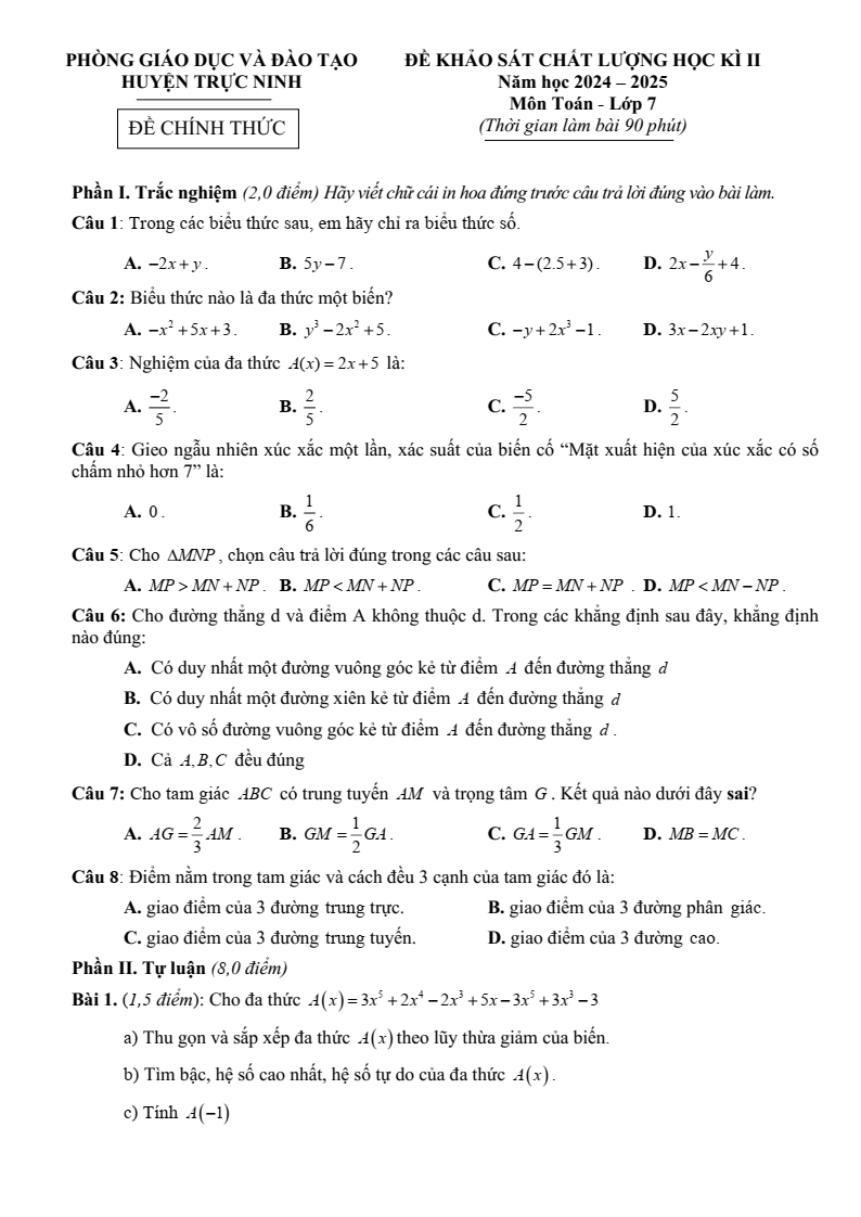 Đề thi Học kì 2 Toán 7 phòng GD&ĐT Trực Ninh (Nam Định) năm 2024-2025