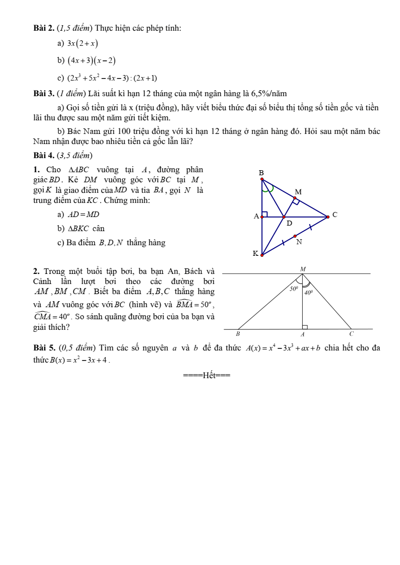 Đề thi Học kì 2 Toán 7 phòng GD&ĐT Trực Ninh (Nam Định) năm 2024-2025