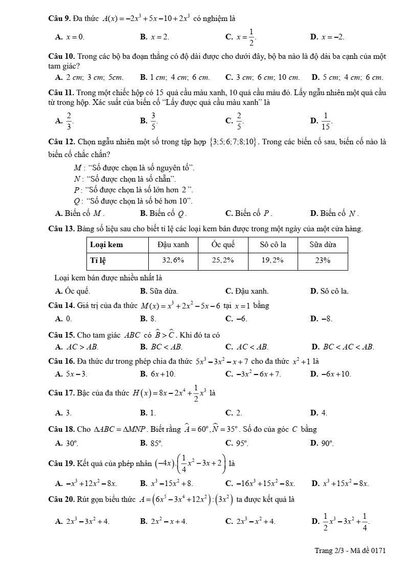 Đề thi Học kì 2 Toán 7 sở GD&ĐT Bắc Giang năm 2024-2025