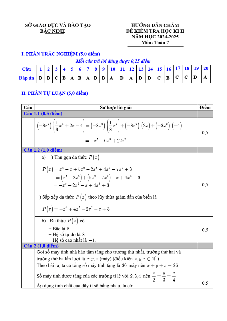 Đề thi Học kì 2 Toán 7 sở GD&ĐT Bắc Ninh năm 2024-2025