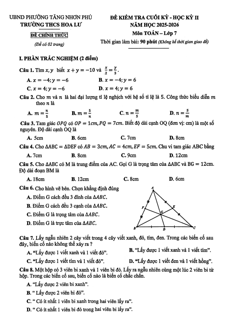 Đề thi Học kì 2 Toán 7 trường THCS Hoa Lư (TP HCM) năm 2025-2026