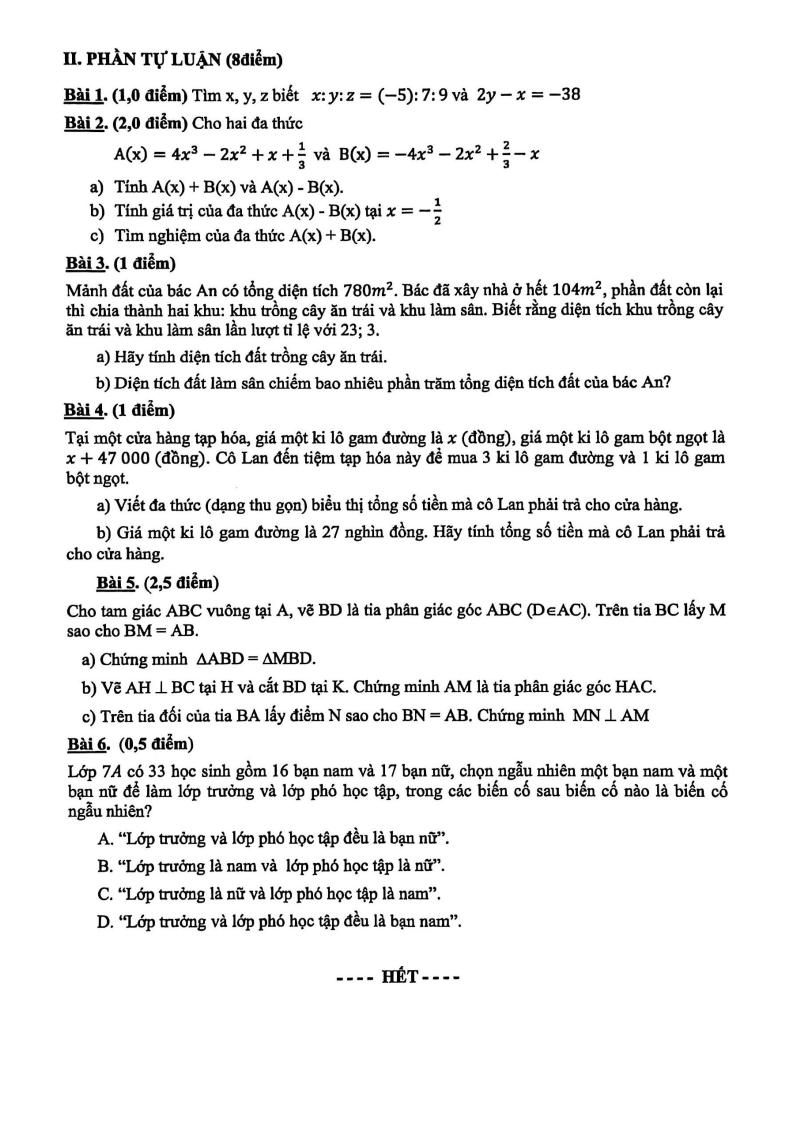 Đề thi Học kì 2 Toán 7 trường THCS Hoa Lư (TP HCM) năm 2025-2026