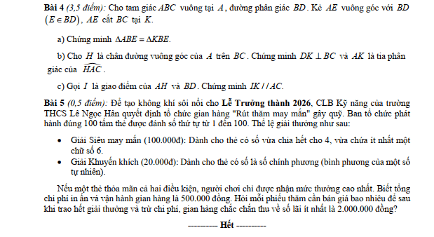 Đề thi Học kì 2 Toán 7 trường THCS Lê Ngọc Hân (Hà Nội) năm 2025-2026
