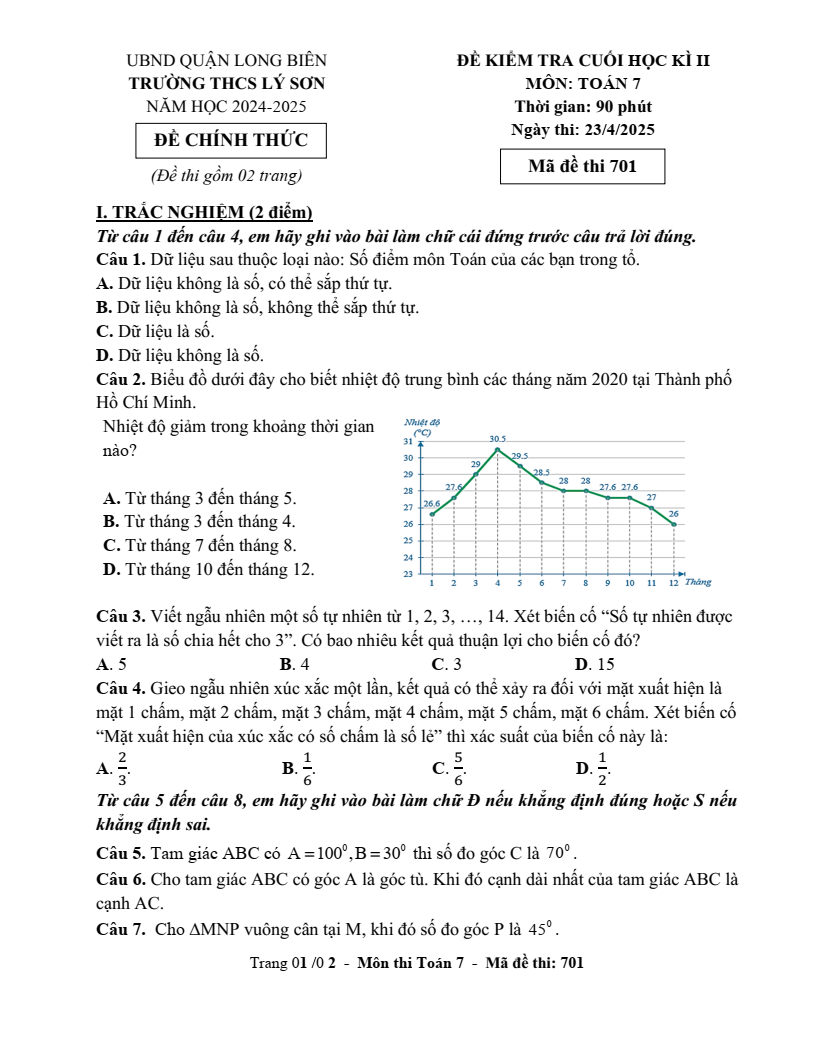 Đề thi Học kì 2 Toán 7 trường THCS Lý Sơn (Hà Nội) năm 2024-2025