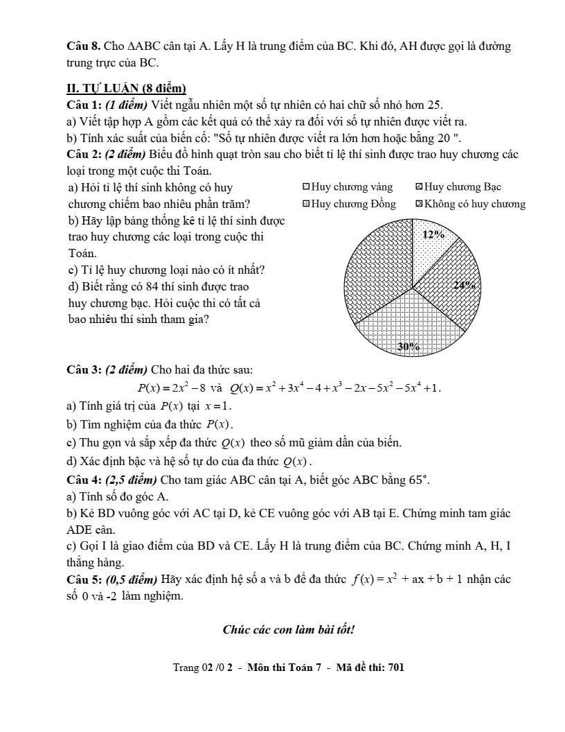 Đề thi Học kì 2 Toán 7 trường THCS Lý Sơn (Hà Nội) năm 2024-2025