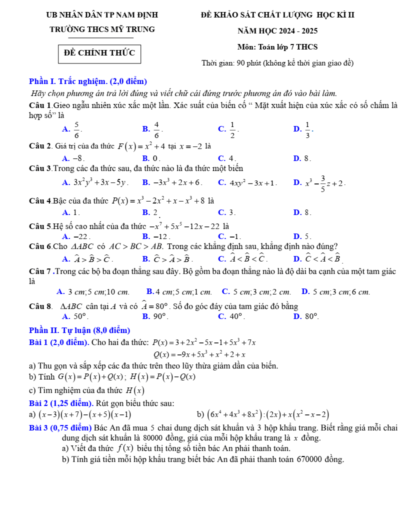 Đề thi Học kì 2 Toán 7 trường THCS Mỹ Trung (Nam Định) năm 2024-2025