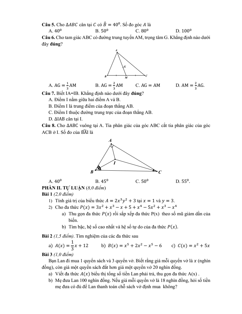 Đề thi Học kì 2 Toán 7 trường THCS Nghĩa Tân (Hà Nội) năm 2025-2026