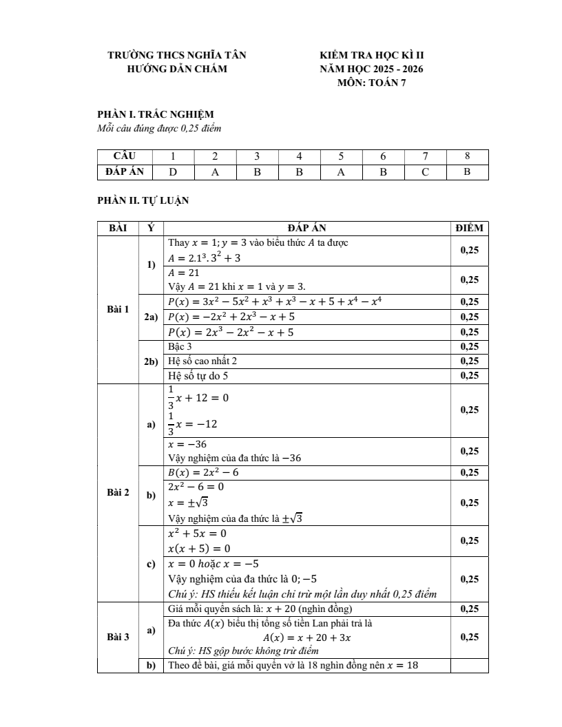 Đề thi Học kì 2 Toán 7 trường THCS Nghĩa Tân (Hà Nội) năm 2025-2026