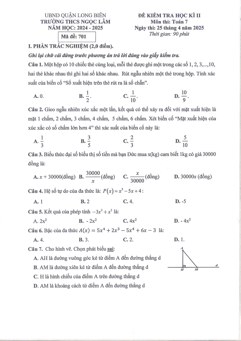 Đề thi Học kì 2 Toán 7 trường THCS Ngọc Lâm (Hà Nội) năm 2024-2025