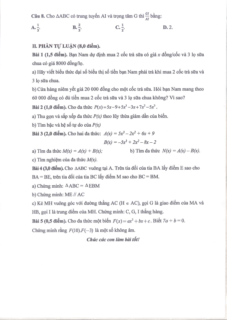 Đề thi Học kì 2 Toán 7 trường THCS Ngọc Lâm (Hà Nội) năm 2024-2025