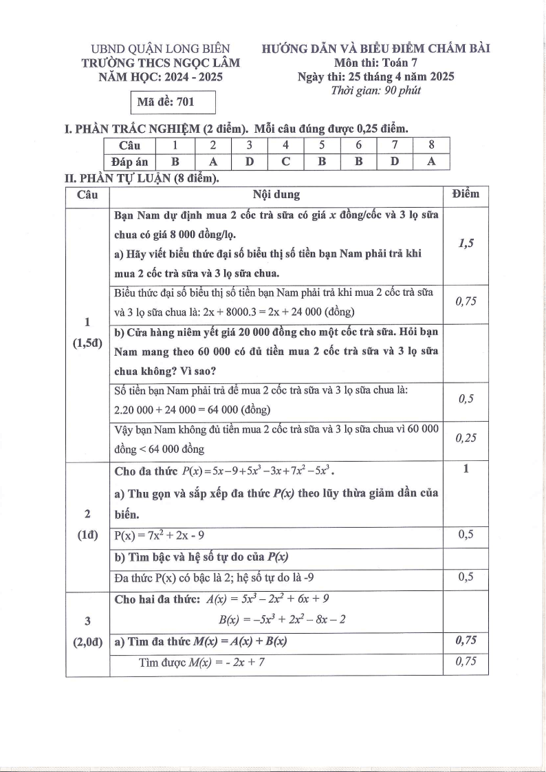 Đề thi Học kì 2 Toán 7 trường THCS Ngọc Lâm (Hà Nội) năm 2024-2025