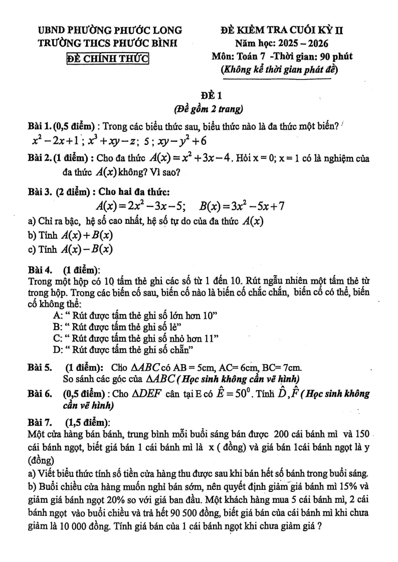 Đề thi Học kì 2 Toán 7 trường THCS Phước Bình (TP HCM) năm 2025-2026