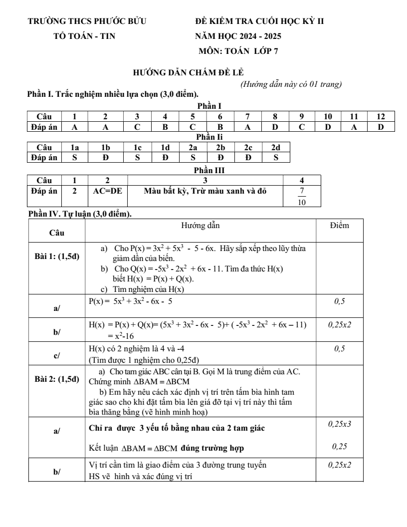 Đề thi Học kì 2 Toán 7 trường THCS Phước Bửu (Bà Rịa - Vũng Tàu) năm 2024-2025