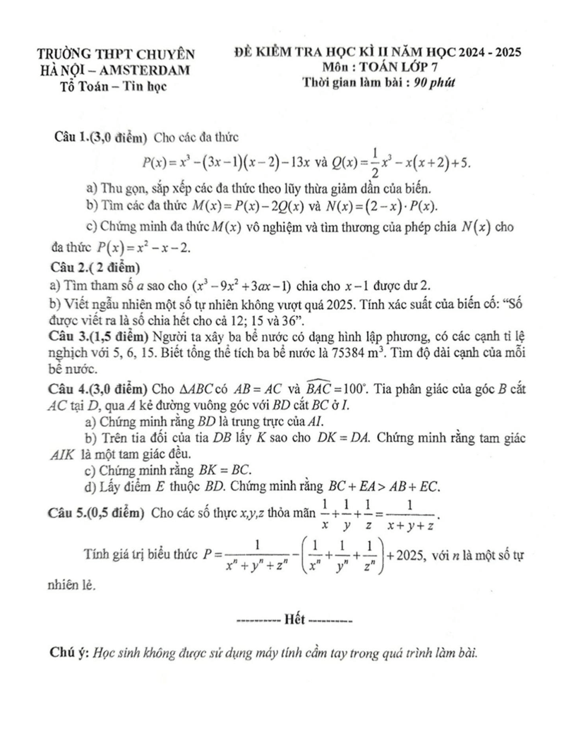 Đề thi Học kì 2 Toán 7 trường THPT chuyên Hà Nội - Amsterdam năm 2024-2025
