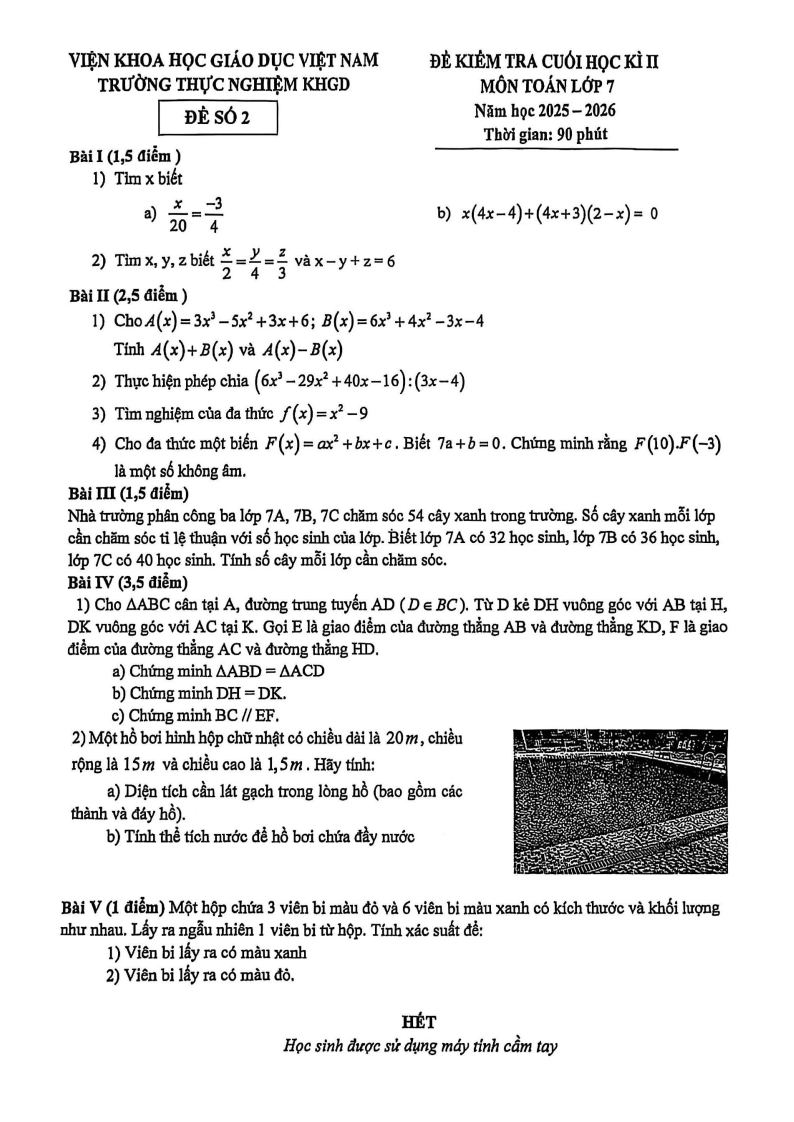 Đề thi Học kì 2 Toán 7 trường Thực nghiệm KHGD (Hà Nội) năm 2025-2026
