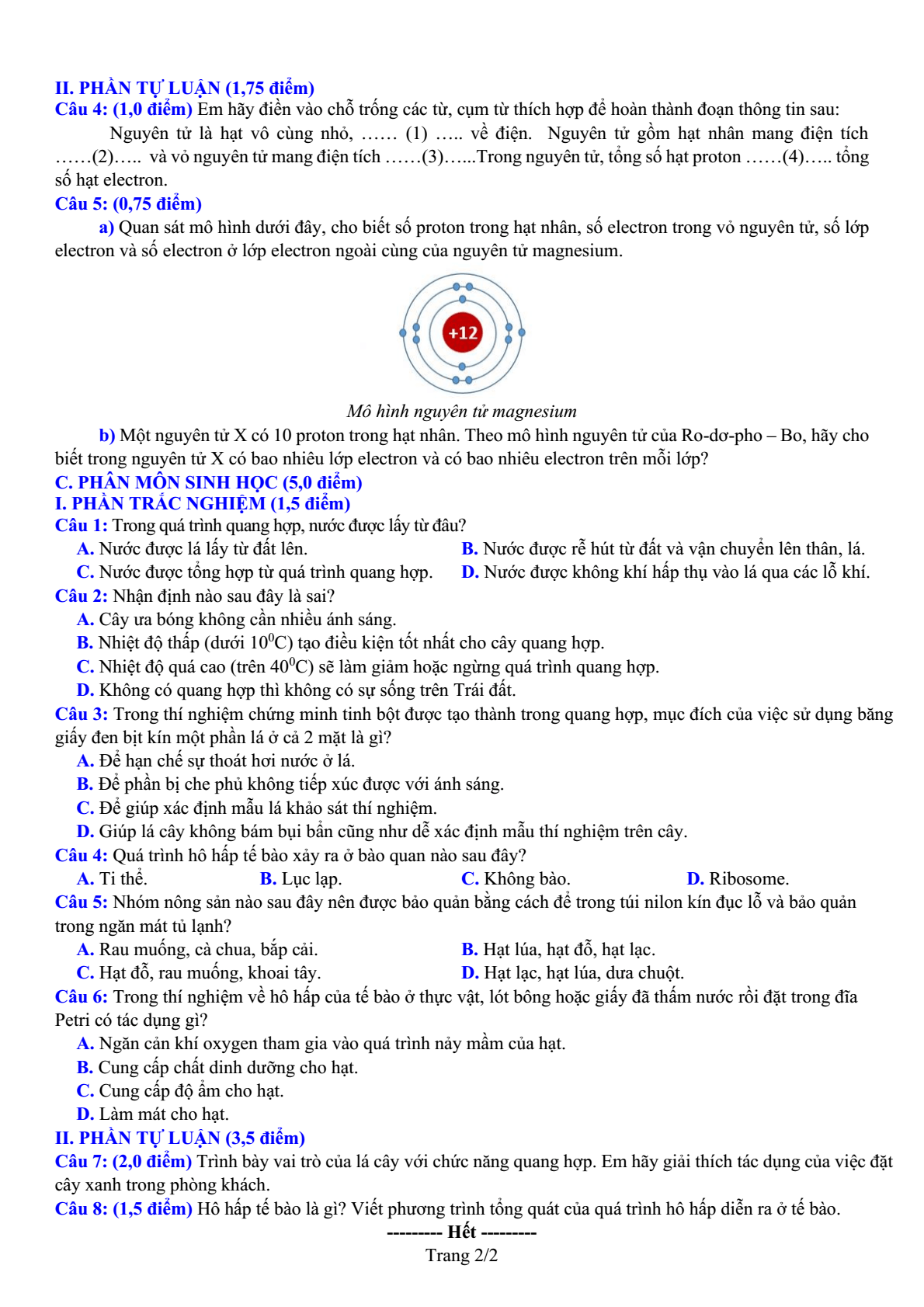 Đề thi Giữa kì 1 KHTN 7 năm 2024-2025 Sở Bắc Ninh