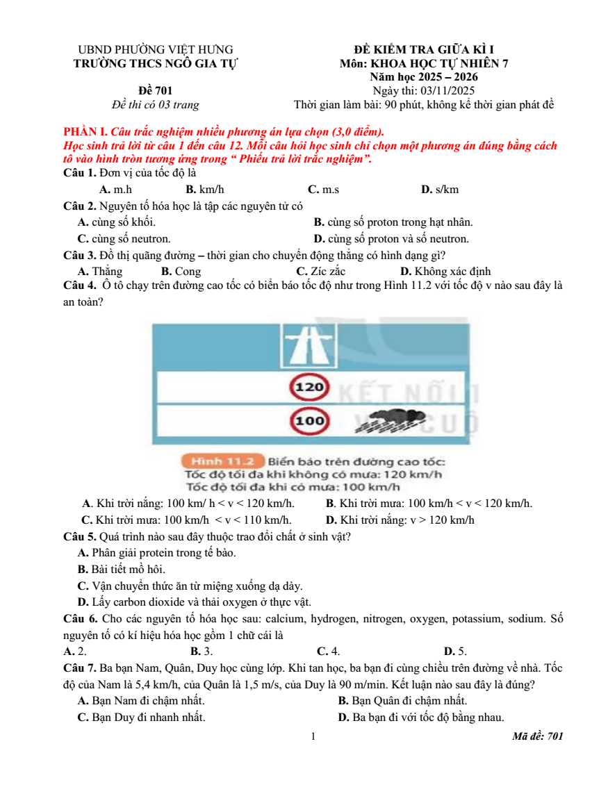 Đề thi Giữa kì 1 KHTN 7 năm 2025-2026 trường THCS Ngô Gia Tự (Hà Nội)