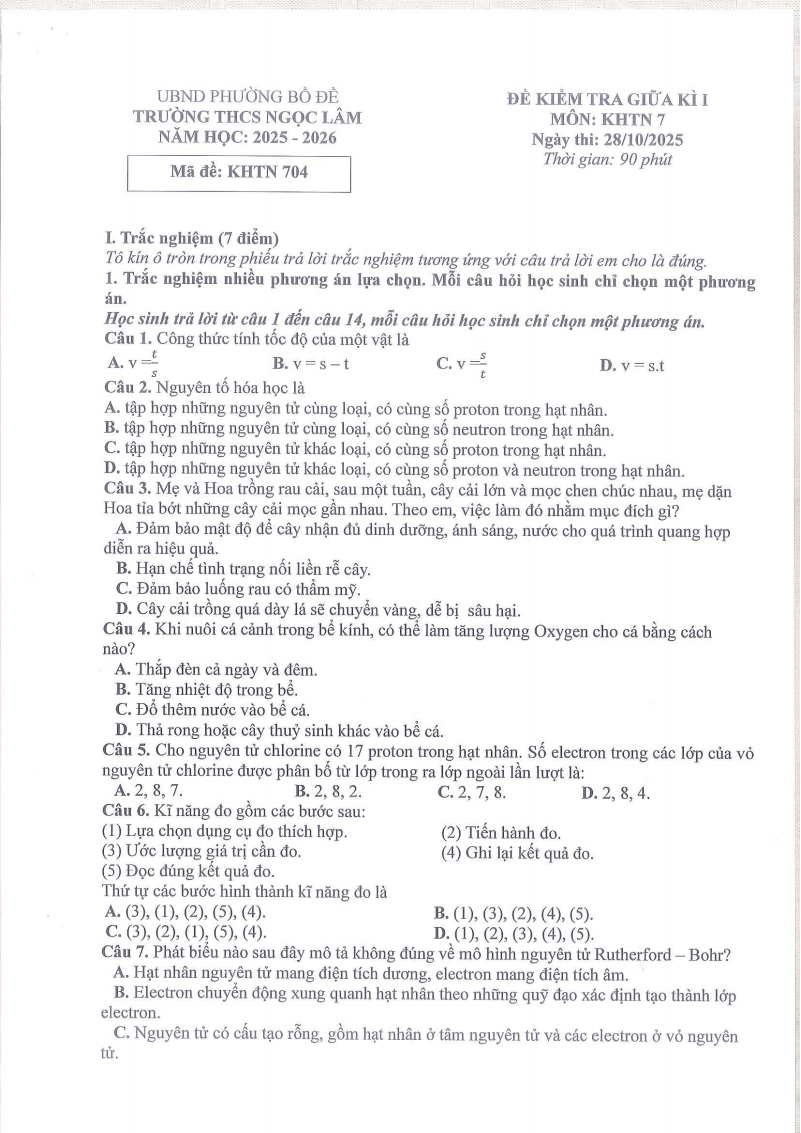 Đề thi Giữa kì 1 KHTN 7 năm 2025-2026 trường THCS Ngọc Lâm (Hà Nội)