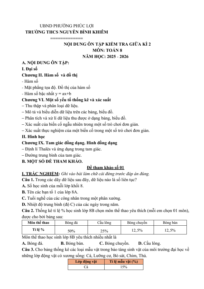 Đề cương ôn tập Giữa kì 2 Toán 8 trường THCS Nguyễn Bỉnh Khiêm (Hà Nội) năm 2025-2026
