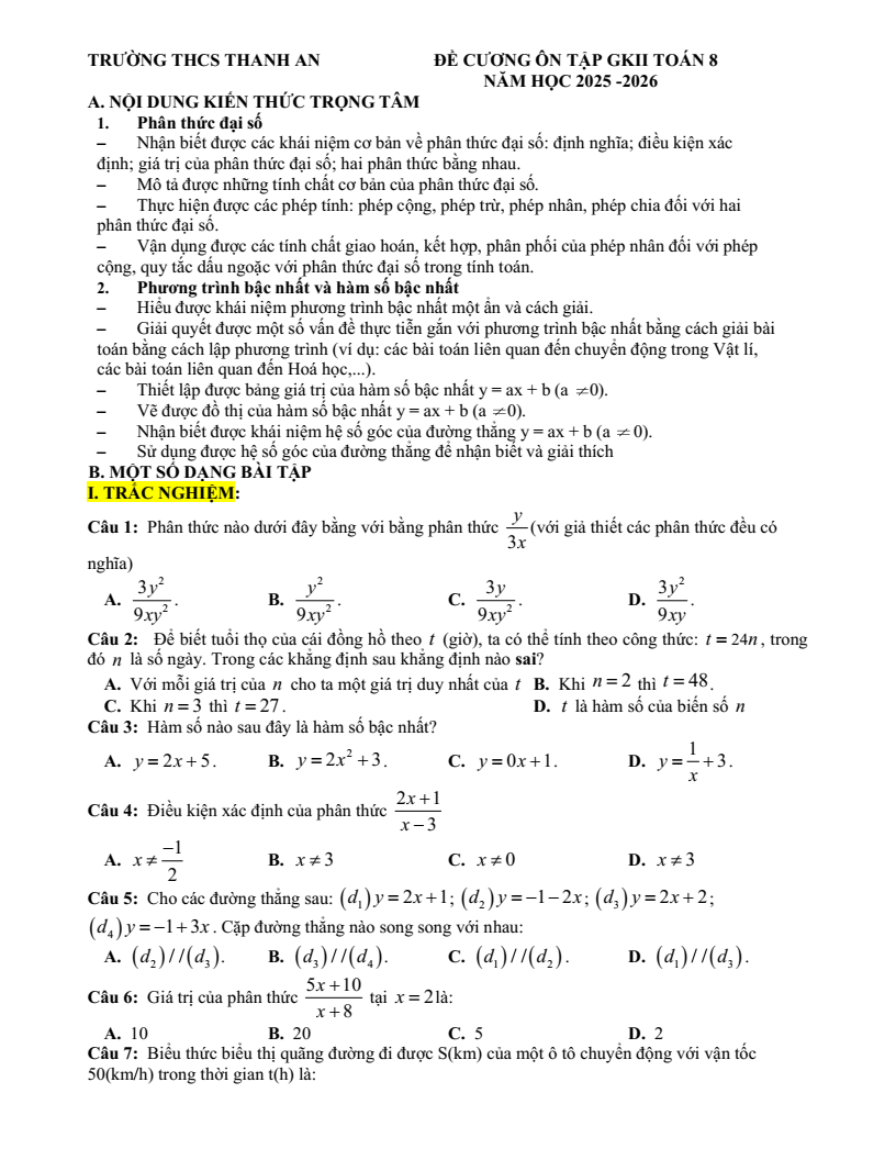 Đề cương ôn tập Giữa kì 2 Toán 8 trường THCS Thanh An (Quảng Trị) năm 2025-2026