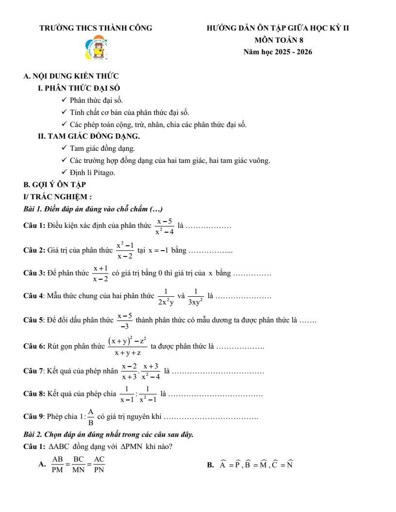 Đề cương ôn tập Giữa kì 2 Toán 8 trường THCS Thành Công (Hà Nội) năm 2025-2026