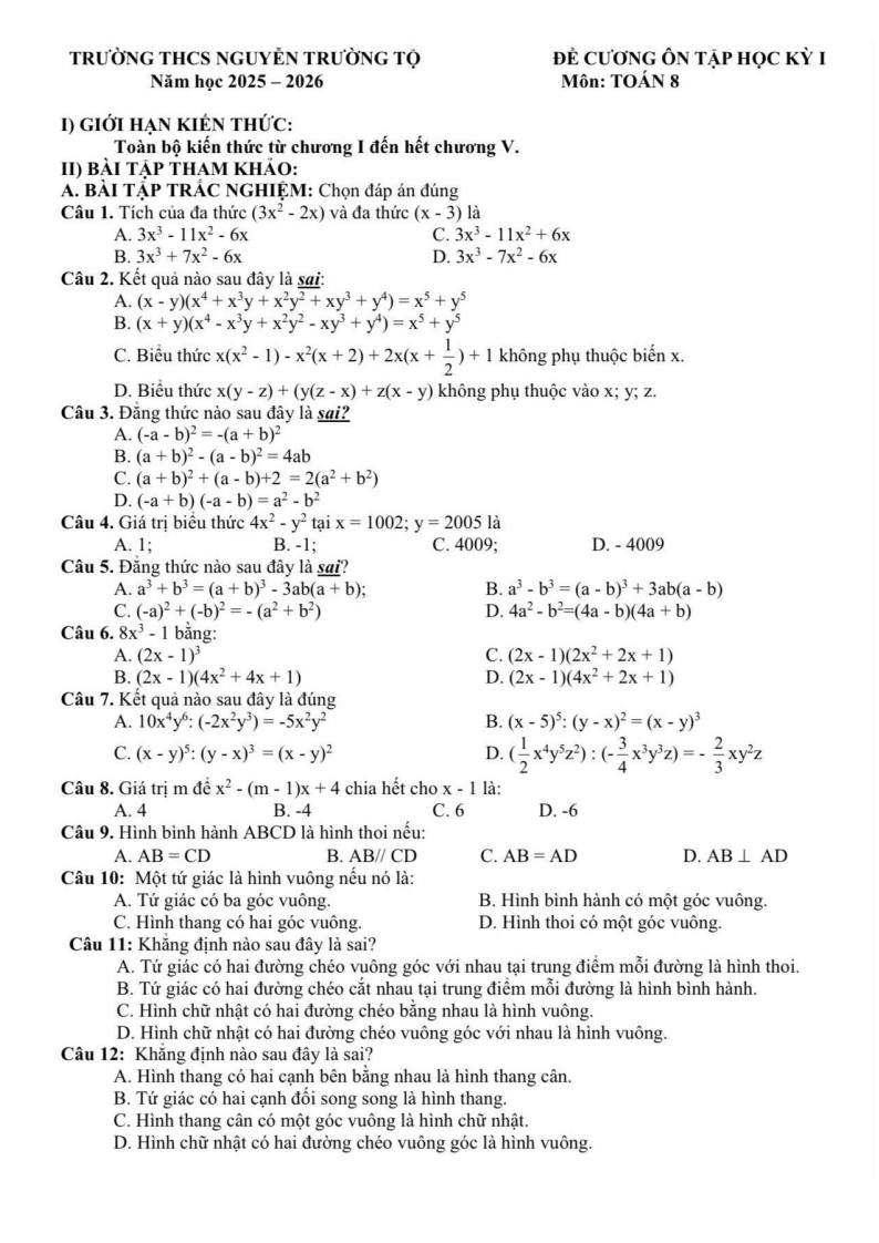 Đề cương ôn tập Học kì 1 Toán 8 trường THCS Nguyễn Trường Tộ năm 2025-2026