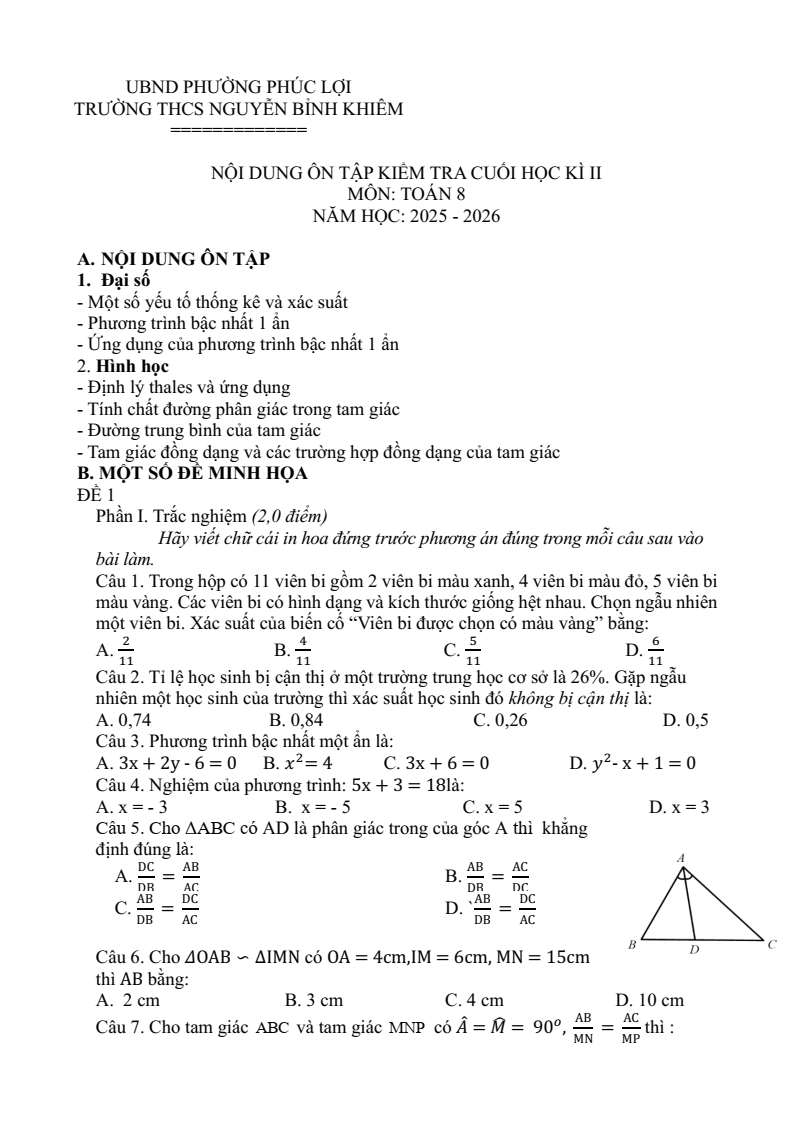 Đề cương ôn tập Học kì 2 Toán 8 trường THCS Nguyễn Bỉnh Khiêm (Hà Nội) năm 2025-2026