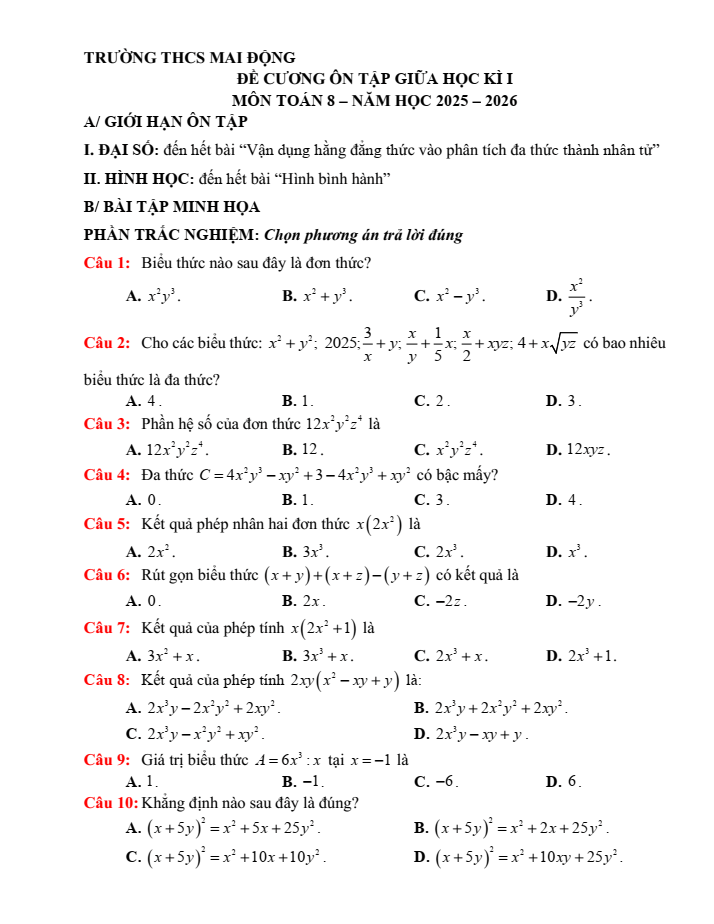 Đề cương ôn tập Giữa kì 1 Toán 8 trường THCS Mai Động năm 2025-2026