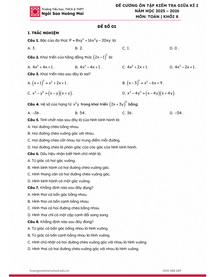 Đề cương ôn tập Giữa kì 1 Toán 8 trường Tiểu học, THCS&THPT Ngôi Sao Hoàng Mai năm 2025-2026