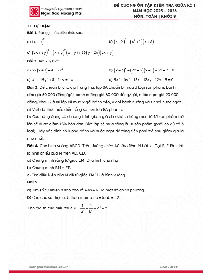 Đề cương ôn tập Giữa kì 1 Toán 8 trường Tiểu học, THCS&THPT Ngôi Sao Hoàng Mai năm 2025-2026