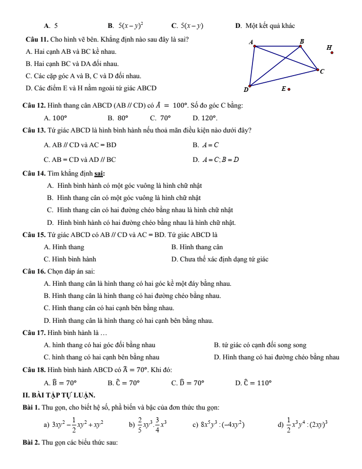 Đề cương ôn tập Giữa kì 1 Toán 8 trường THCS Thành Công năm 2025-2026