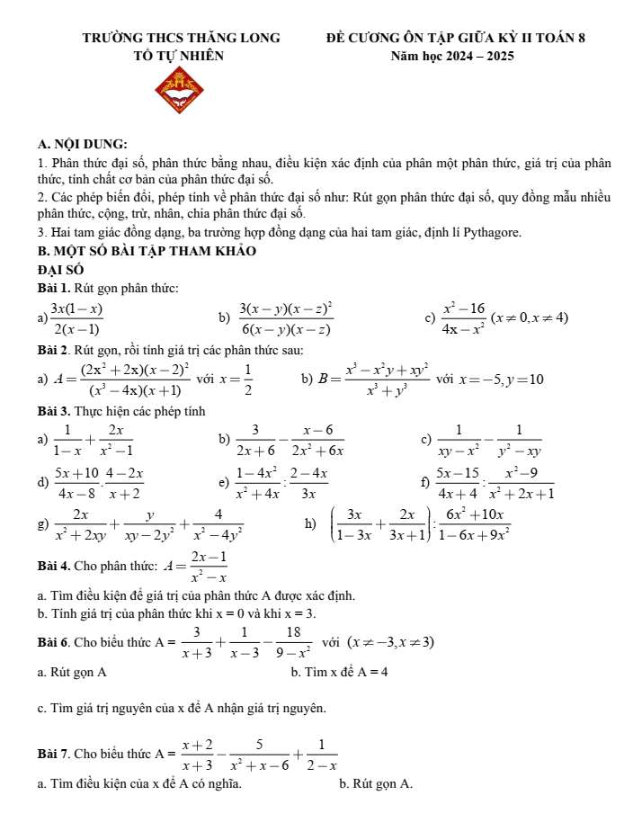 Đề cương ôn tập Giữa kì 2 Toán 8 trường THCS Thăng Long năm 2024-2025