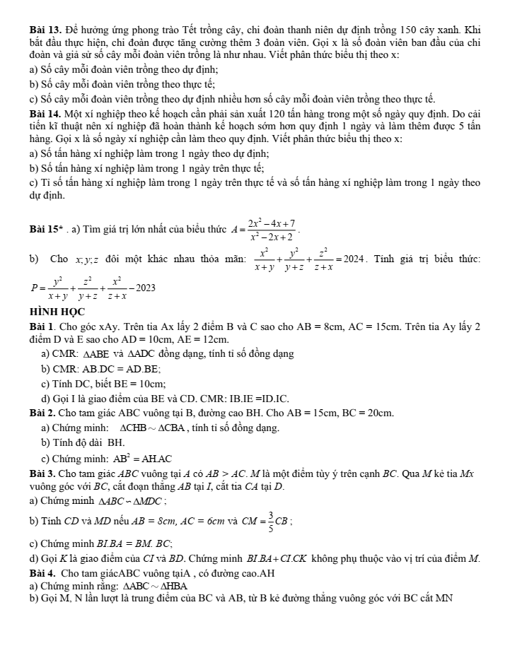 Đề cương ôn tập Giữa kì 2 Toán 8 trường THCS Thăng Long năm 2024-2025