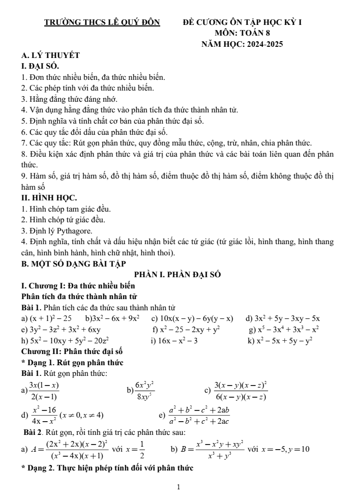 Đề cương ôn tập Học kì 1 Toán 8 trường THCS Lê Quý Đôn năm 2024-2025