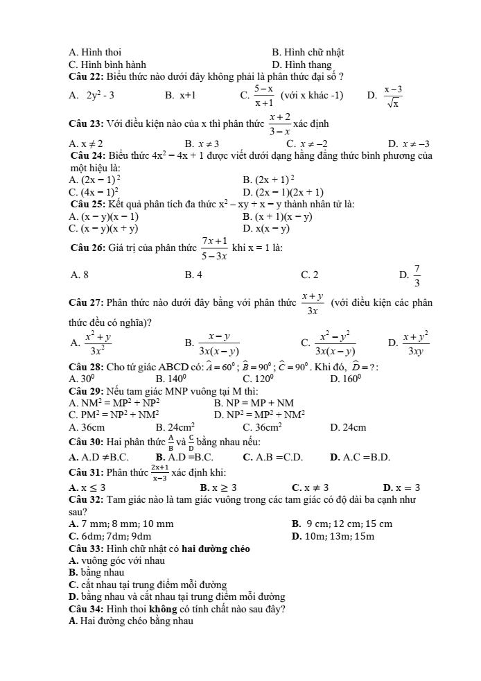 Đề cương ôn tập Học kì 1 Toán 8 trường THCS Nguyễn Bỉnh Khiêm năm 2024-2025