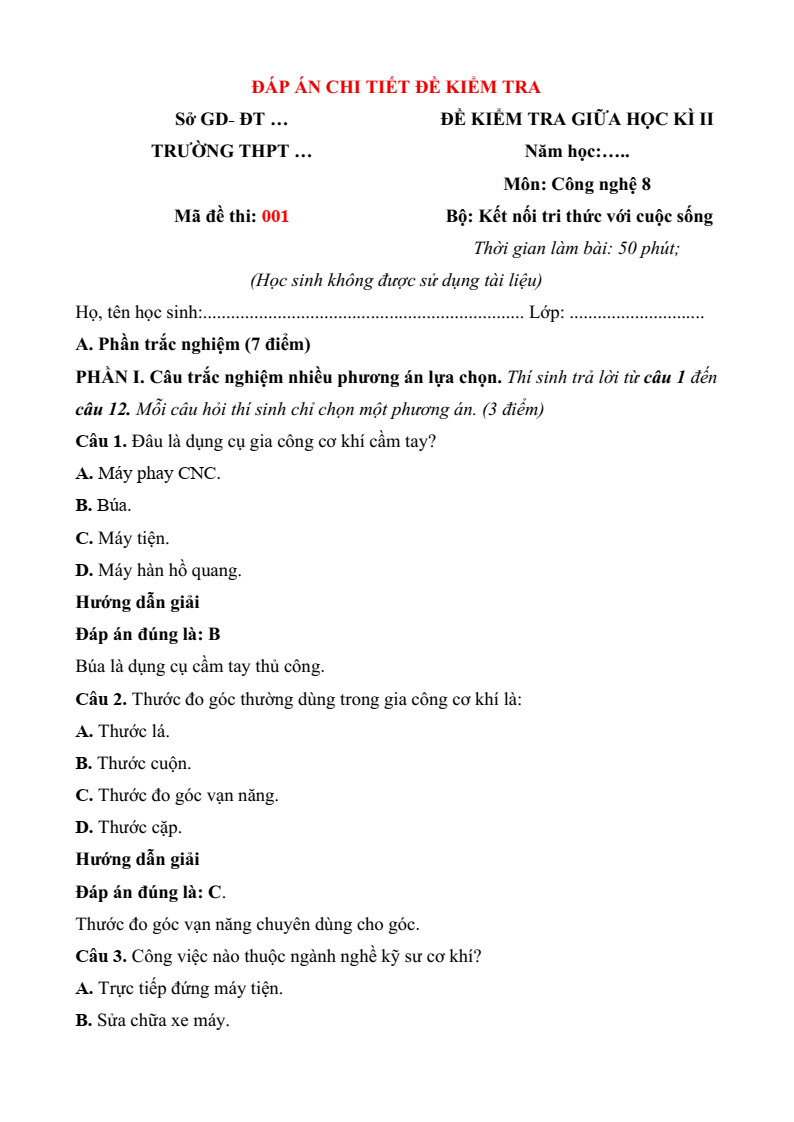 4 Đề thi Giữa kì 2 Công nghệ 8 Kết nối tri thức (cấu trúc mới, có đáp án)