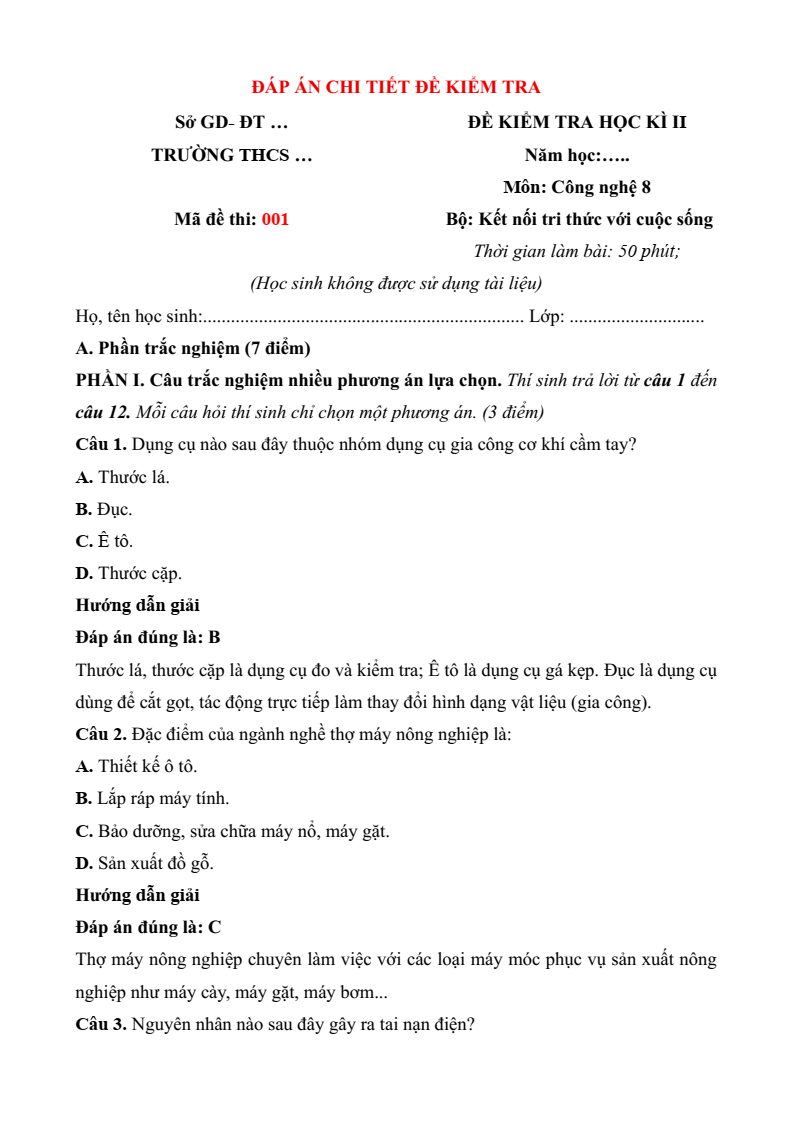 5 Đề thi Học kì 2 Công nghệ 8 Kết nối tri thức (cấu trúc mới, có đáp án)