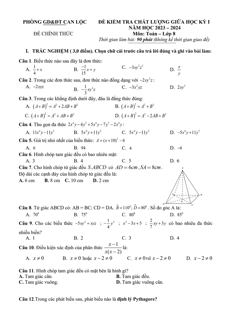 Đề thi Giữa kì 1 Toán 8 năm 2023-2024 phòng GD&ĐT Can Lộc (Hà Tĩnh)