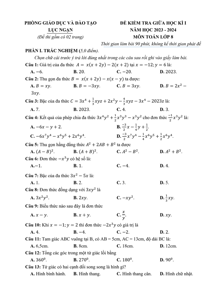 Đề thi Giữa kì 1 Toán 8 năm 2023-2024 phòng GD&ĐT Lục Ngạn– Bắc Giang