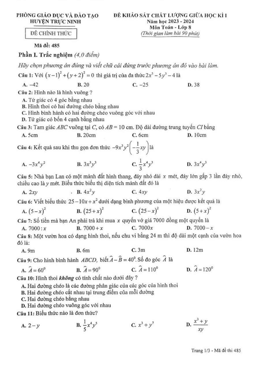 Đề thi Giữa kì 1 Toán 8 năm 2023-2024 phòng GD&ĐT Trực Ninh – Nam Định