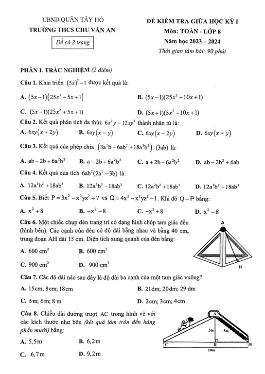 Đề thi Giữa kì 1 Toán 8 năm 2023-2024 trường THCS Chu Văn An – Hà Nội