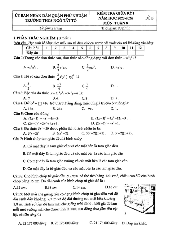 Đề thi Giữa kì 1 Toán 8 năm 2023-2024 trường THCS Ngô Tất Tố (Tp. HCM)