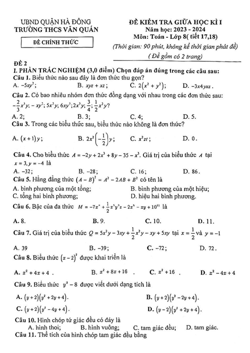 Đề thi Giữa kì 1 Toán 8 năm 2023-2024 trường THCS Văn Quán – Hà Nội